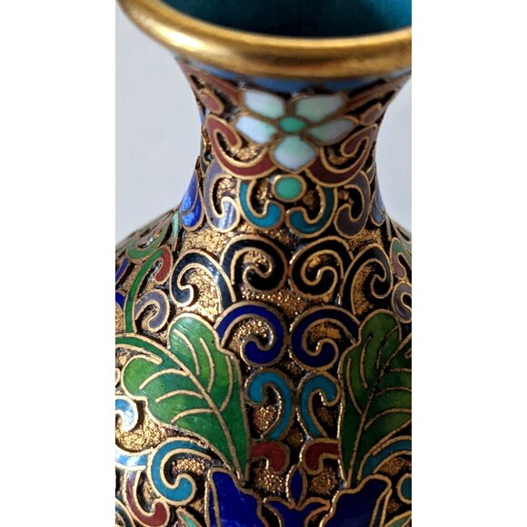 Vintage Enamel Cloisonne Miniature Vase Champleve Technique Floral Bronze 3 In - Picture 8 of 8